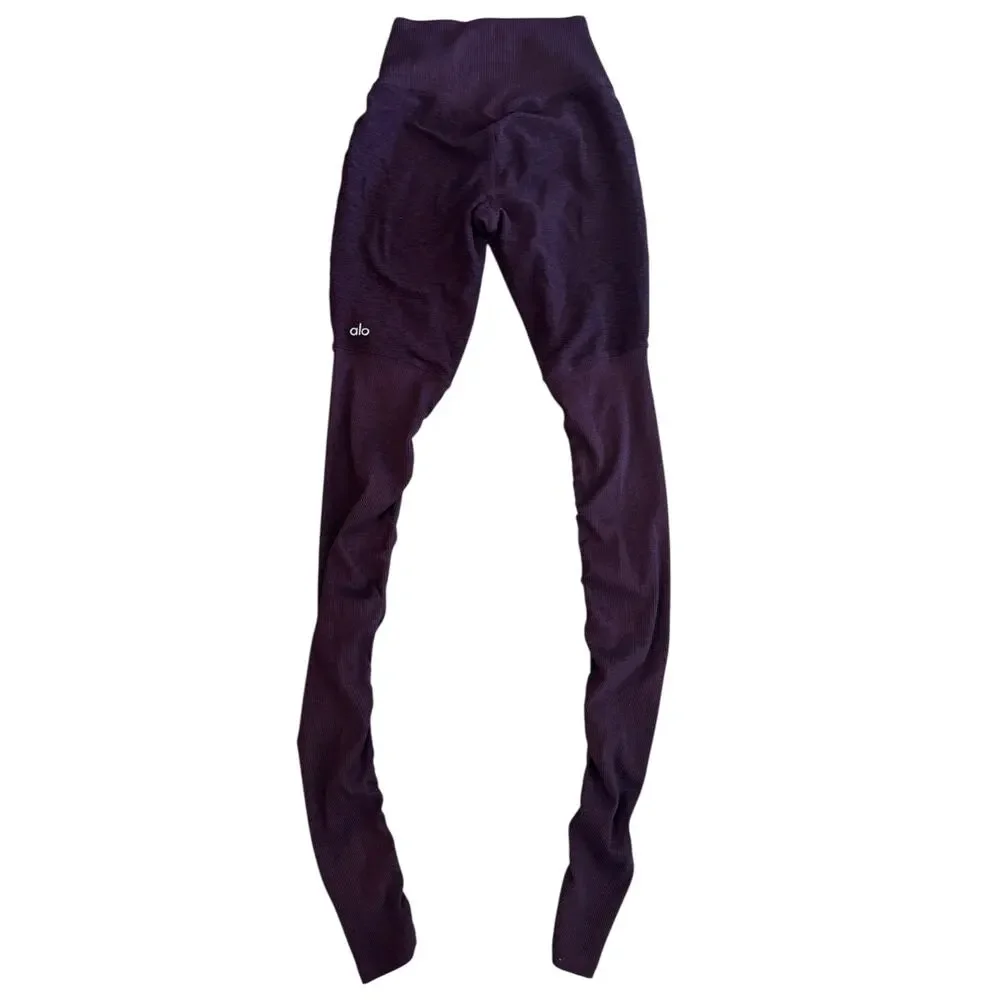 ALO YOGA HIGH-WAIST GODDESS RIBBED LEGGINGS SPACE DYE MAROON SIZE XXS DAMAGED